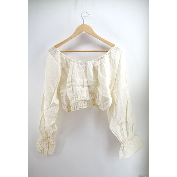 WeWoreWhat On Off Shoulder Top Tie Front Linen Blend Whisper White Sz Medium New - Picture 9 of 10